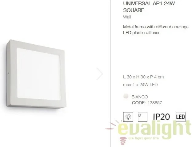 Aplica LED dim. 30x30cm, UNIVERSAL AP1 24W SQUARE BIANCO 138657
