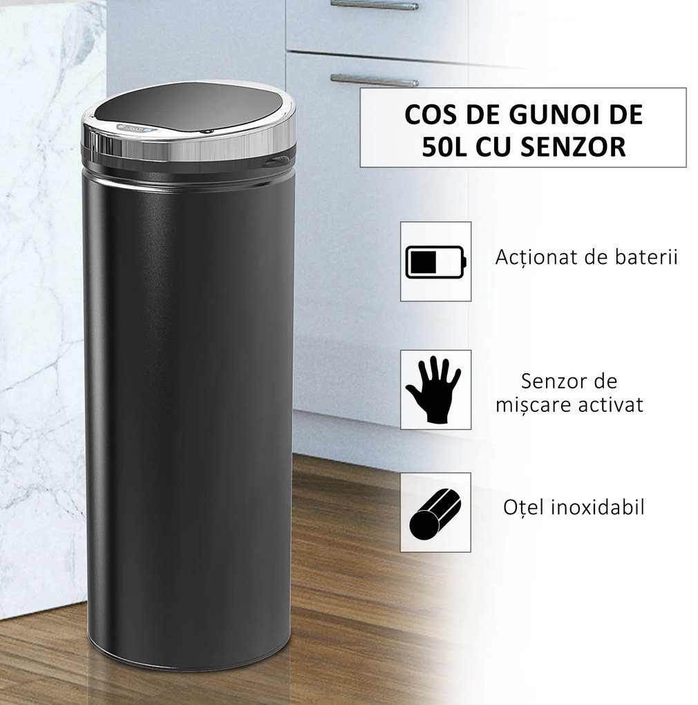 HOMCOM Coș de Gunoi Inteligent cu Senzor, 50L, Oțel Inox și Plastic, Negru, 30.5x30.5x81.5cm | Aosom Romania