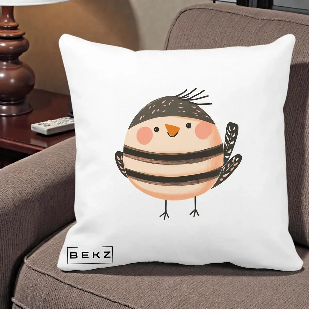 Perna Decorativa Pui Kawaii Bej-Negru Dungat, 40x40 cm, Alba Mata, Husa Detasabila, Perna Inclusa, BEKZ®