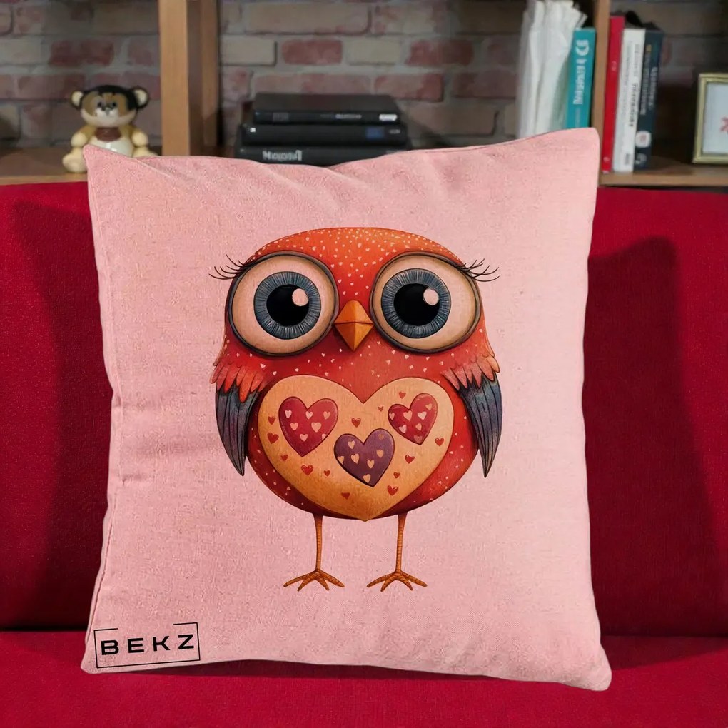 Perna Decorativa Bufnita Rosie cu Inimi Aurii, 40x40 cm, Roz, Husa Detasabila, Perna Inclusa, BEKZ®