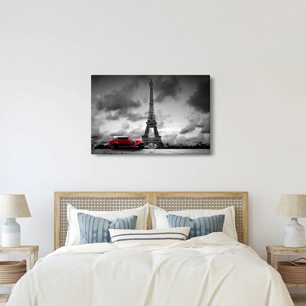 Tablou - Turnul Eiffel și mașina roșie (90x60 cm)