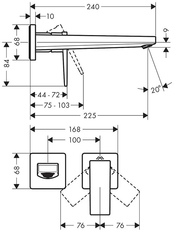 Baterie lavoar cu montaj pe perete, Hansgrohe, Metropol, pipa 22,5 cm, auriu lucios