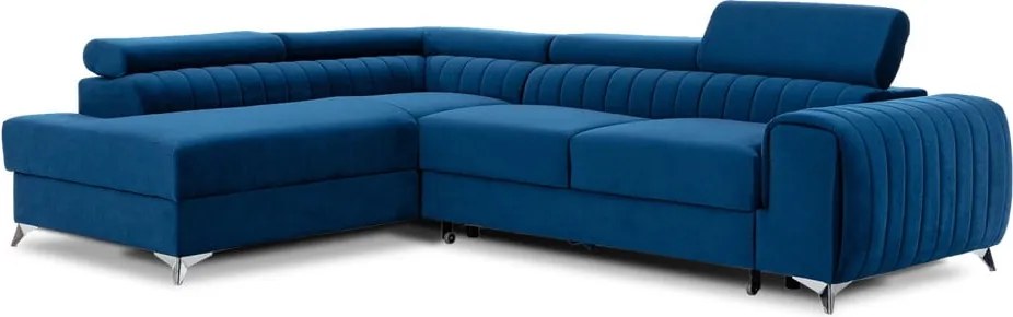 Colțar albastru extensibil/cu spațiu de depozitare cu tapițerie din catifea (cu colț pe partea stângă/în formă de ”L”) Laurence – ELTAP