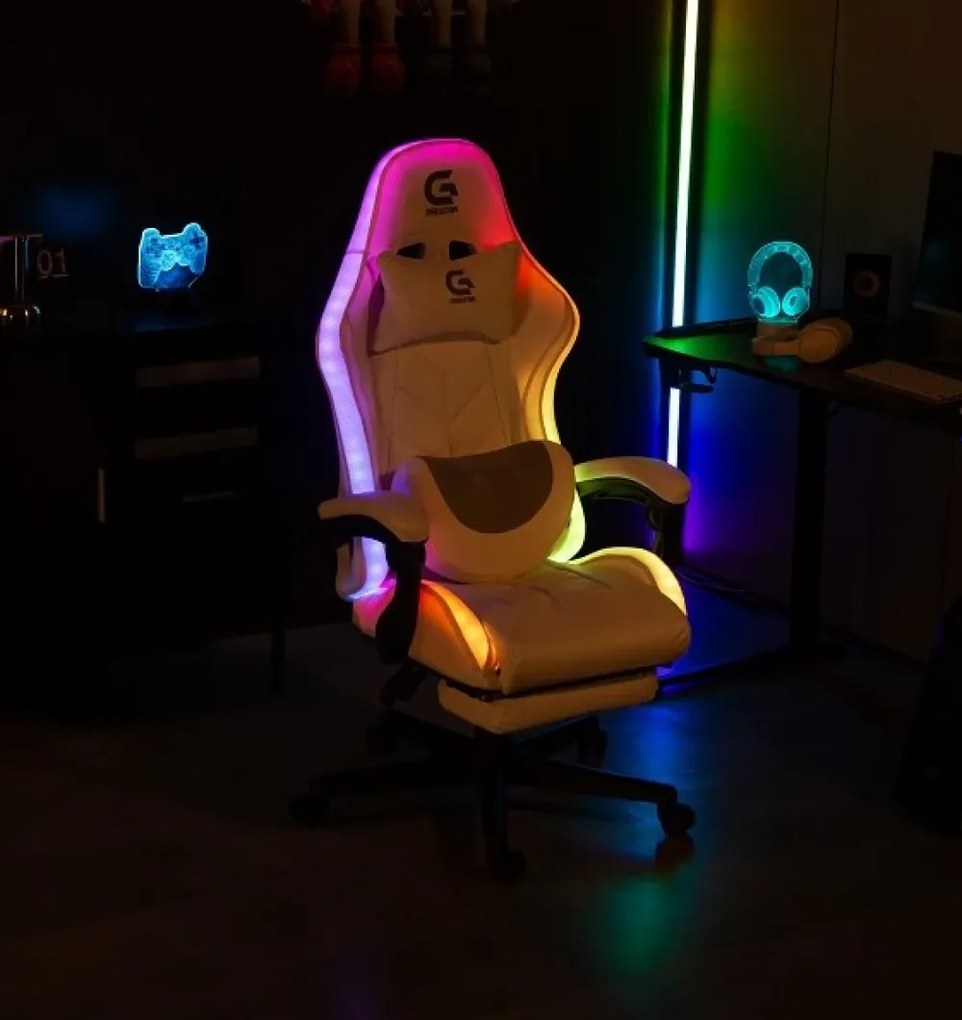 Scaun gaming, Masaj cu Role in perna lombara, Boxe bluetooth, sistem iluminare bandă LED RGB, suport picioare, Alb