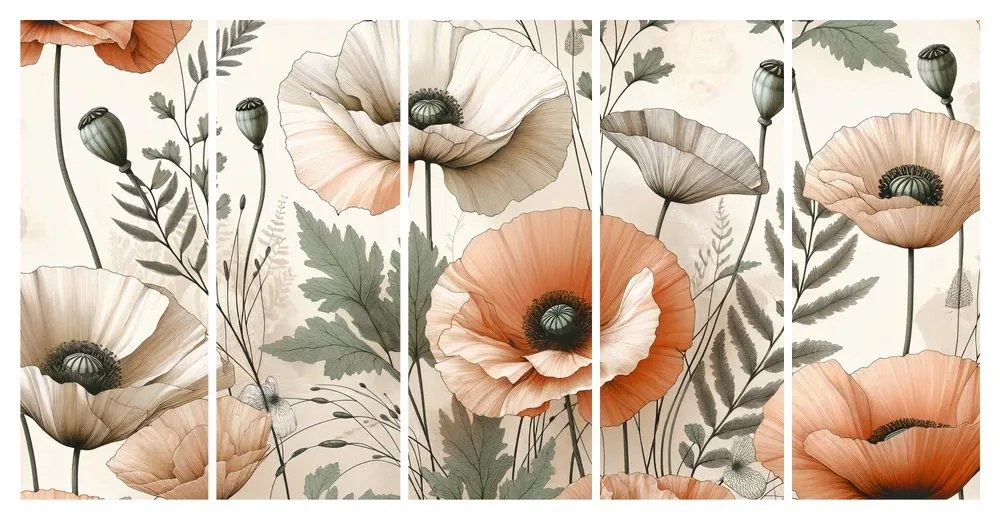 Tablou 5-piese flori delicate de mac