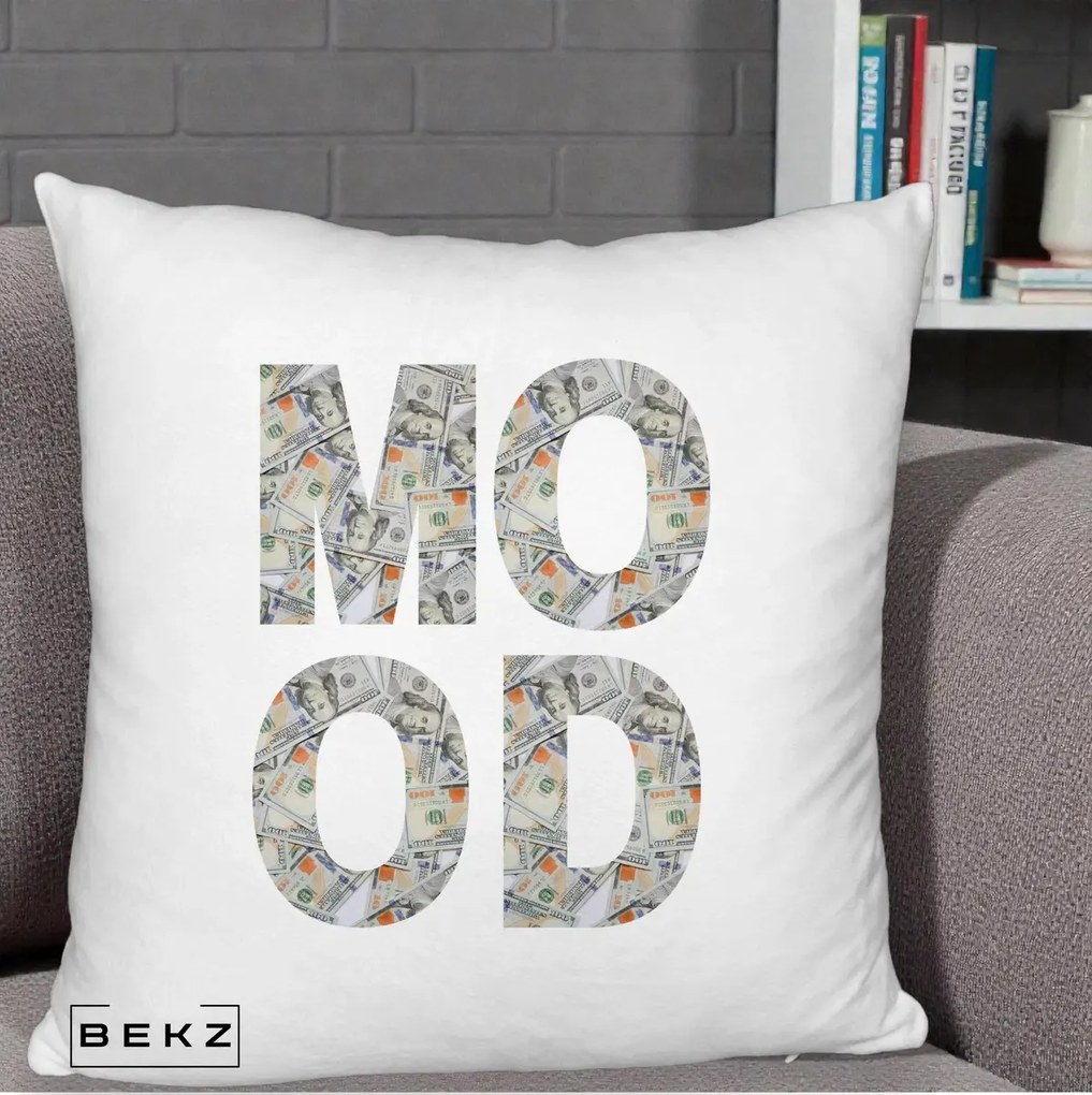 Perna Decorativa MOOD Money Grafic Urban, 40x40 cm, Alb Pufos, Husa Detasabila, Perna Inclusa, BEKZ®