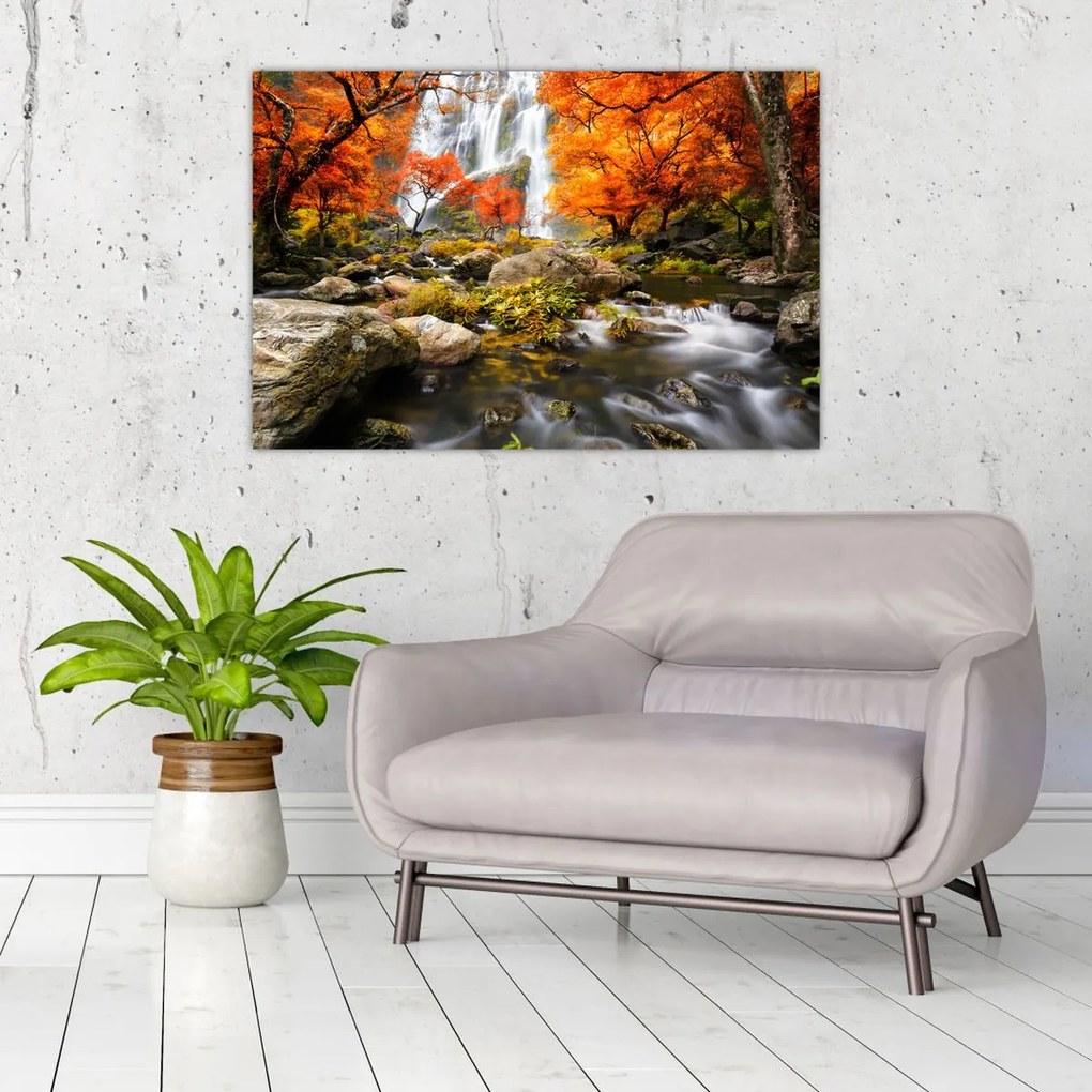 Tablou - Cascade în peisaj de toamnă, portocaliu (90x60 cm)
