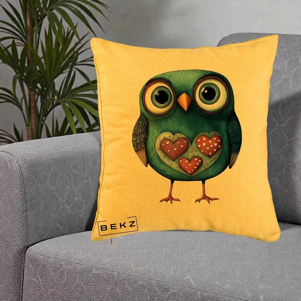 Perna Decorativa Bufnita Teal cu Doua Inimi, 40x40 cm, Galben, Husa Detasabila, Perna Inclusa, BEKZ®