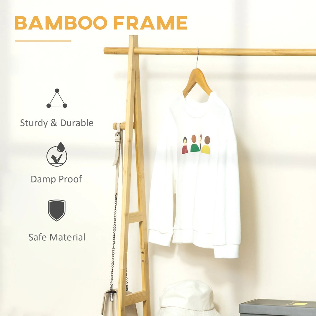 Suport pentru Umerase HOMCOM cu 2 Rafturi si 4 Carlige Laterale, Structura din bambus, 100L x 42l x 155lcm, Culoarea Lemnului