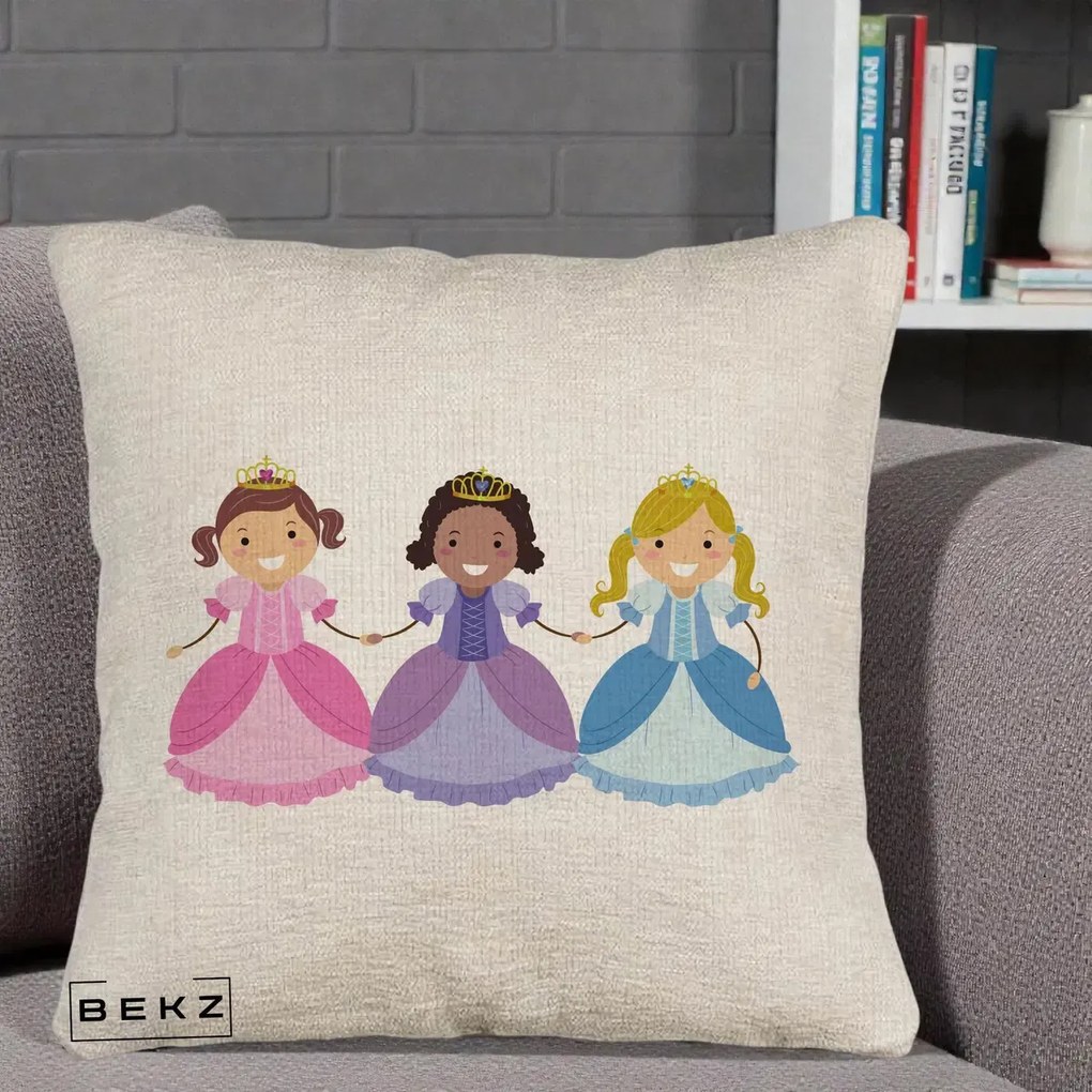 Perna Personalizata Printese Diverse Ilustratie, 40x40 cm, Bej Canapea, Husa Detasabila, Perna Inclusa, BEKZ®