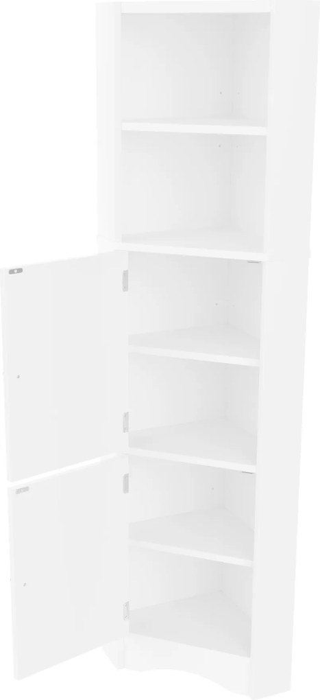 Dulap de baie triunghiular cu două rafturi deschise, pereți despărțitori reglabili, 51,7x32x155,4 cm, Alb
