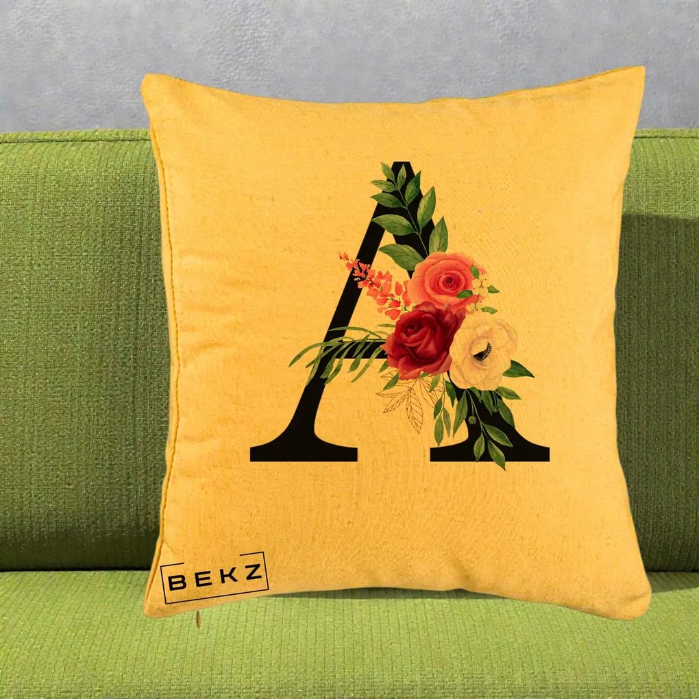 Cadou Personalizat - Perna Personalizata Monograma Florala Litera A, 40x40 cm, Galben, Husa Detasabila, Perna Inclusa, BEKZ®