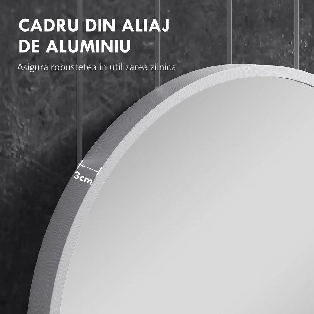 HOMCOM Oglindă Ovală pentru Baie, Oglindă Modernă de Perete cu Rama din Aluminiu și Montaj Vertical sau Orizontal, 60x90 cm, Argintiu | Aosom Romania