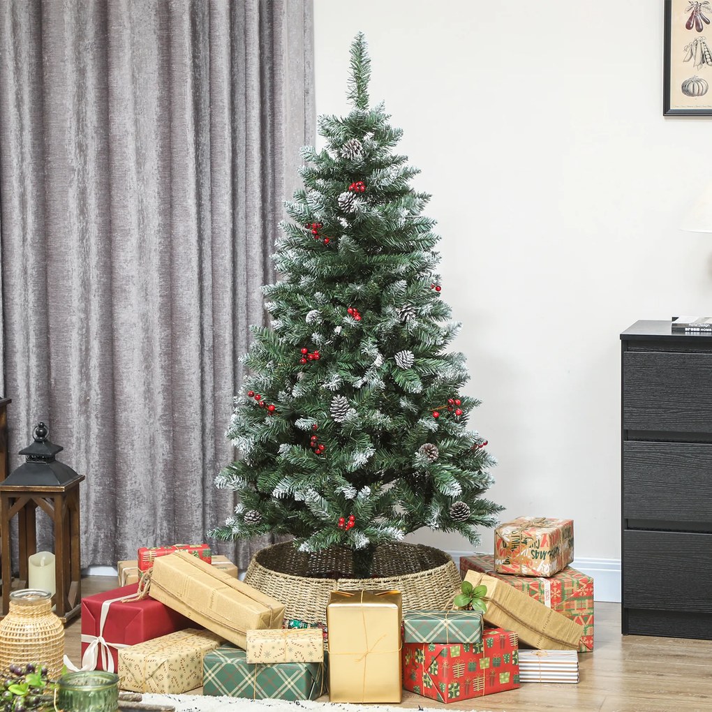 HOMCOM Brad de Crăciun Înnzăpezit Înalt de 150 cm cu 398 Ramuri, Brad Artificial de Interior cu Conuri și Boabe Roșii Decorative, Bază Metalică, Verde | Aosom Romania