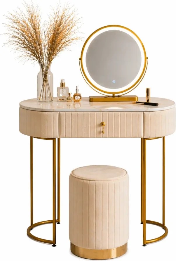 Set SARAH – Masă de Toaletă pentru Machiaj, Oglindă Iluminată LED, Control Touch, Sertar, Taburet, 80x40x76 cm, Bej/Auriu