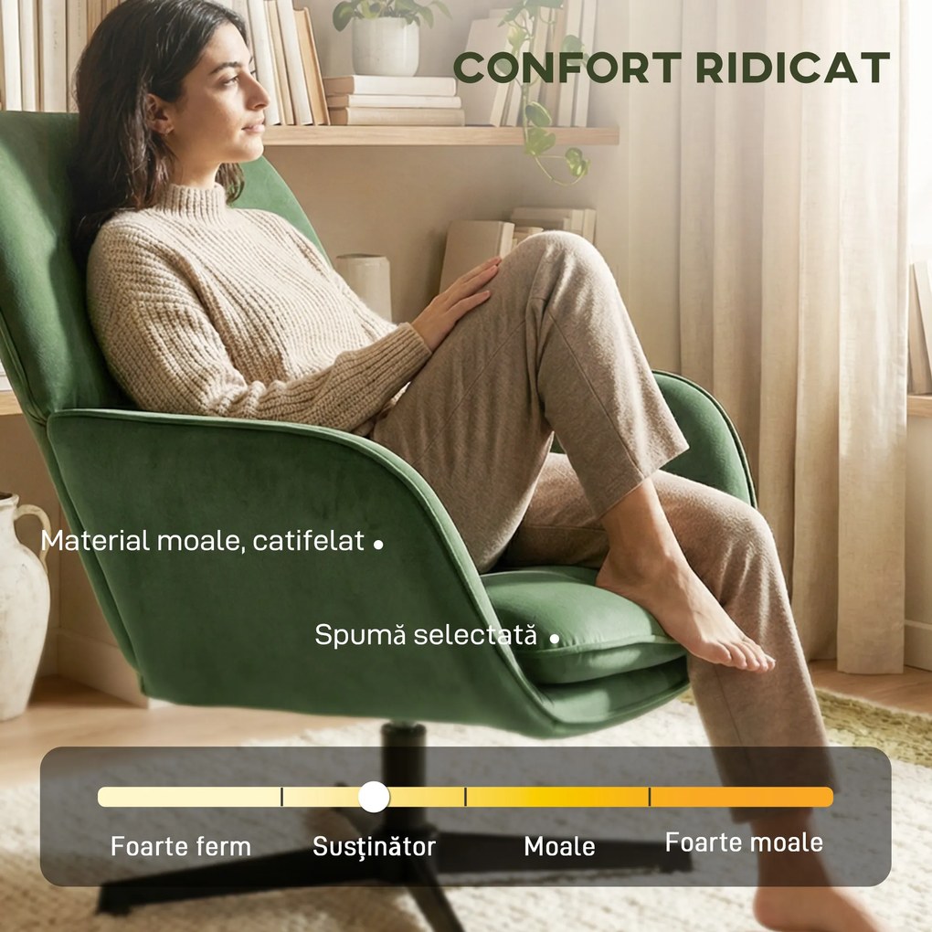 HOMCOM Fotoliu de Salon Rotativ 360° cu Pernă Lombară Detașabilă, Șezut Generos, Fotoliu Tapițat Modern din Catifea cu Cotiere, pentru Living, 73x83.5x85 cm, Verde | Aosom Romania
