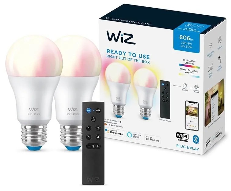 SET 2x bec LED RGBW dimabil WiZ A60 E27/8,5W/230V 2200-6500K Wi-Fi + telecomandă