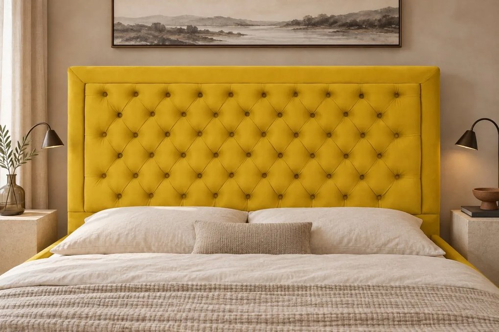 Pat tapițat Chesterfield din catifea Ophelia Deluxe 160×200 cm, galben muștar, cu ladă de depozitare