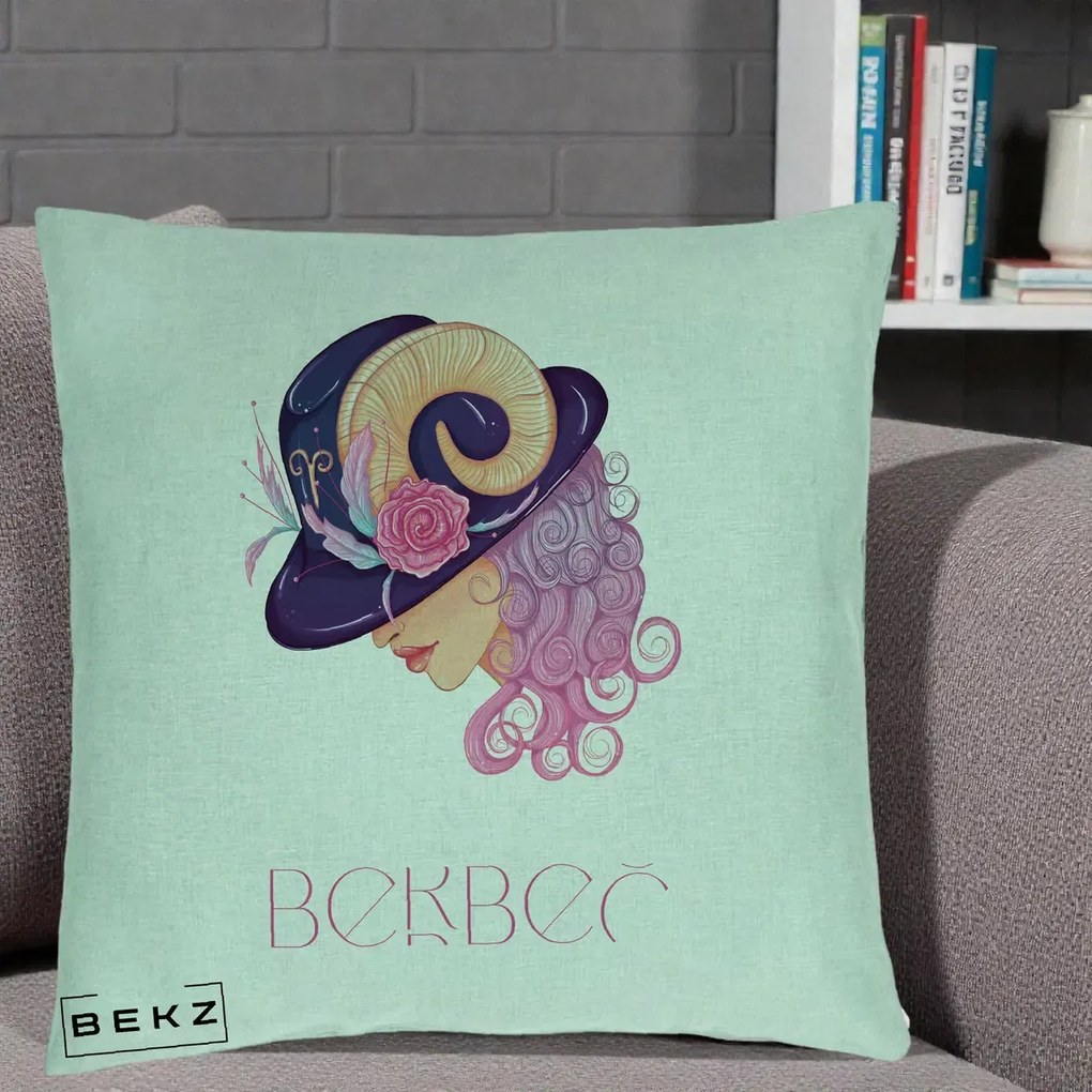 Perna Personalizata Zodie Berbec, 40x40 cm, Verde Menta, Husa Detasabila, Perna Inclusa, BEKZ®