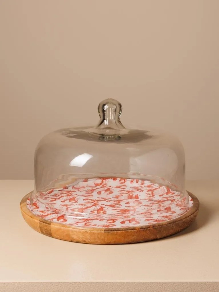 Tava pentru prajituri, din lemn de mango, cu capac din sticla, D30cm, Lobsters