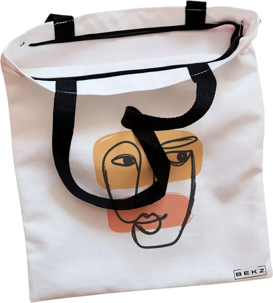 Sacosa de Panza pentru Cumparaturi, Geanta Tote, model Lines Art, Cu fermoar, 38x34.5 cm, Alba, BEKZ®