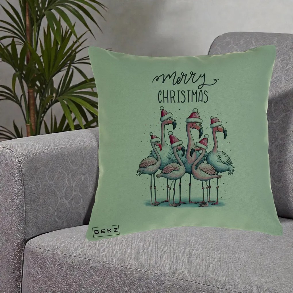 Perna Decorativa Flamingo Merry Christmas, 40x40 cm, Verde, Husa Detasabila, Perna Inclusa, BEKZ®