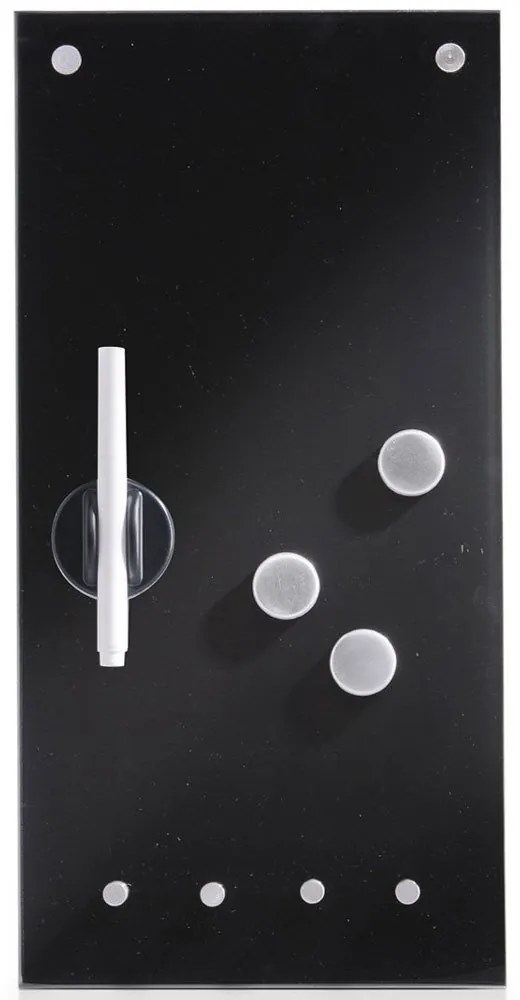 Tablă de sticlă MEMO pentru notițe + 3 magneți și 4 cârlige, 40x20 cm, ZELLER, negru