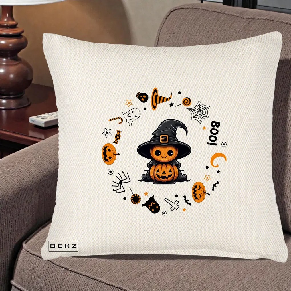 Perna Decorativa Halloween Dovleac Vrajitor Boo cu Simboluri, 40x40 cm, Crem Reliefat, Husa Detasabila, Perna Inclusa, BEKZ®