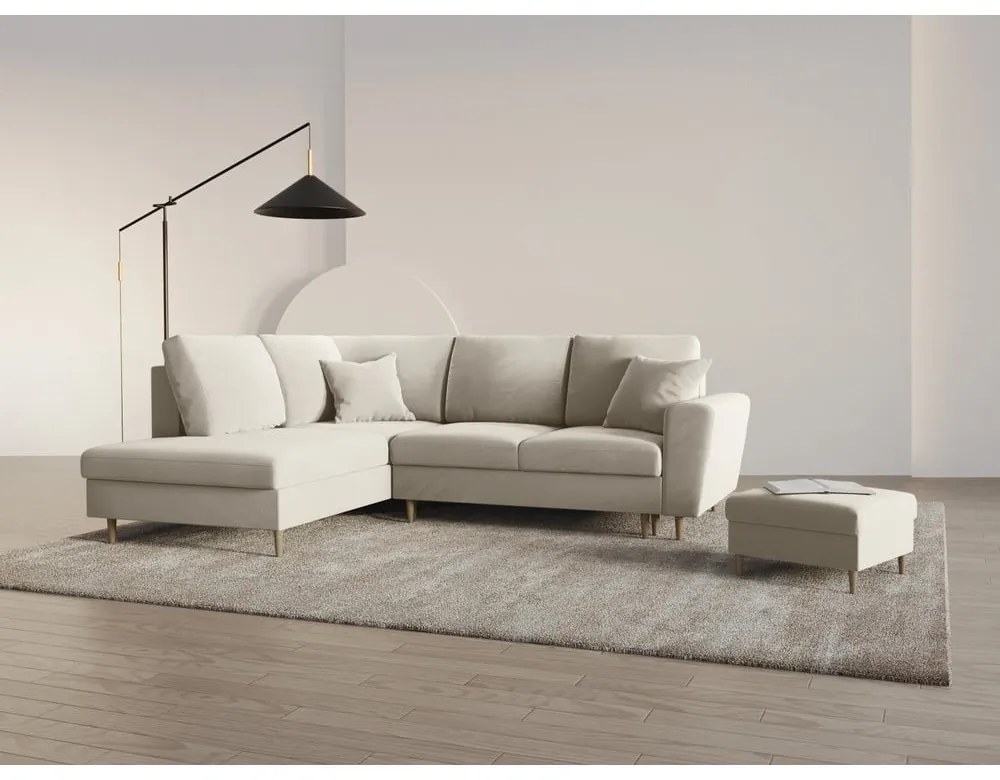 Colțar bej extensibil, cu spațiu de depozitare cu tapițerie din catifea (cu colț pe partea stângă-în formă de ”L”) Kyoto – Cosmopolitan Design