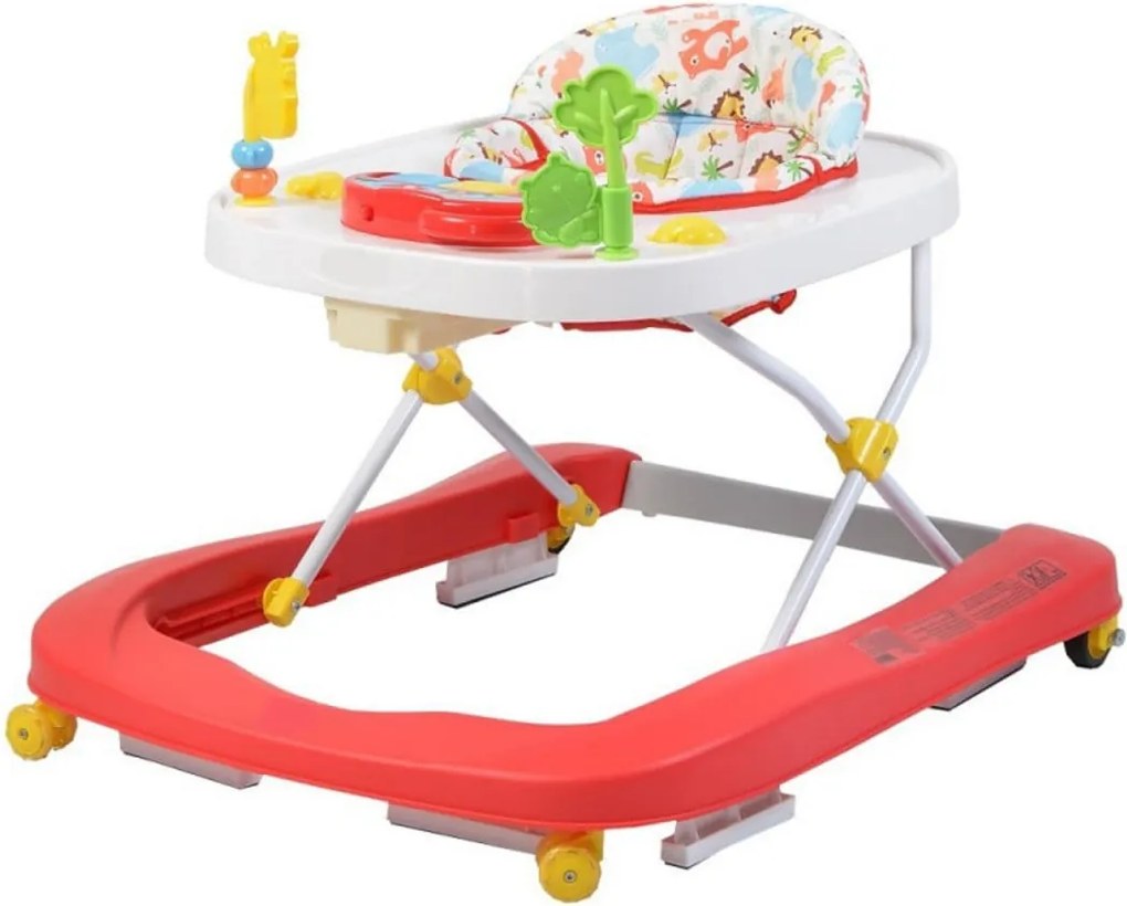 Premergator Premium reglabil in 3 trepte de inaltime NOVOKIDS™ ZooZoo Baby ,Roti silentioase din silicon, Cu melodii, Animalute, Pliabil, Rosu