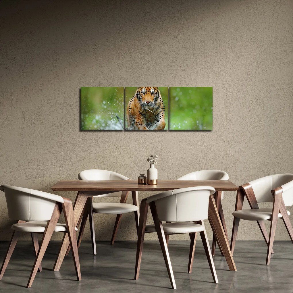 Tablou - Tigru care aleargă (cu ceas) (90x30 cm)