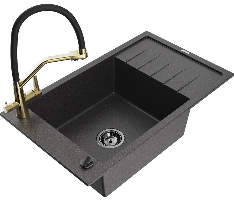 Mexen Elias chiuvetă de granit cu 1 compartiment cu scurgător și baterie de bucătărie Duo, negru cu pete
