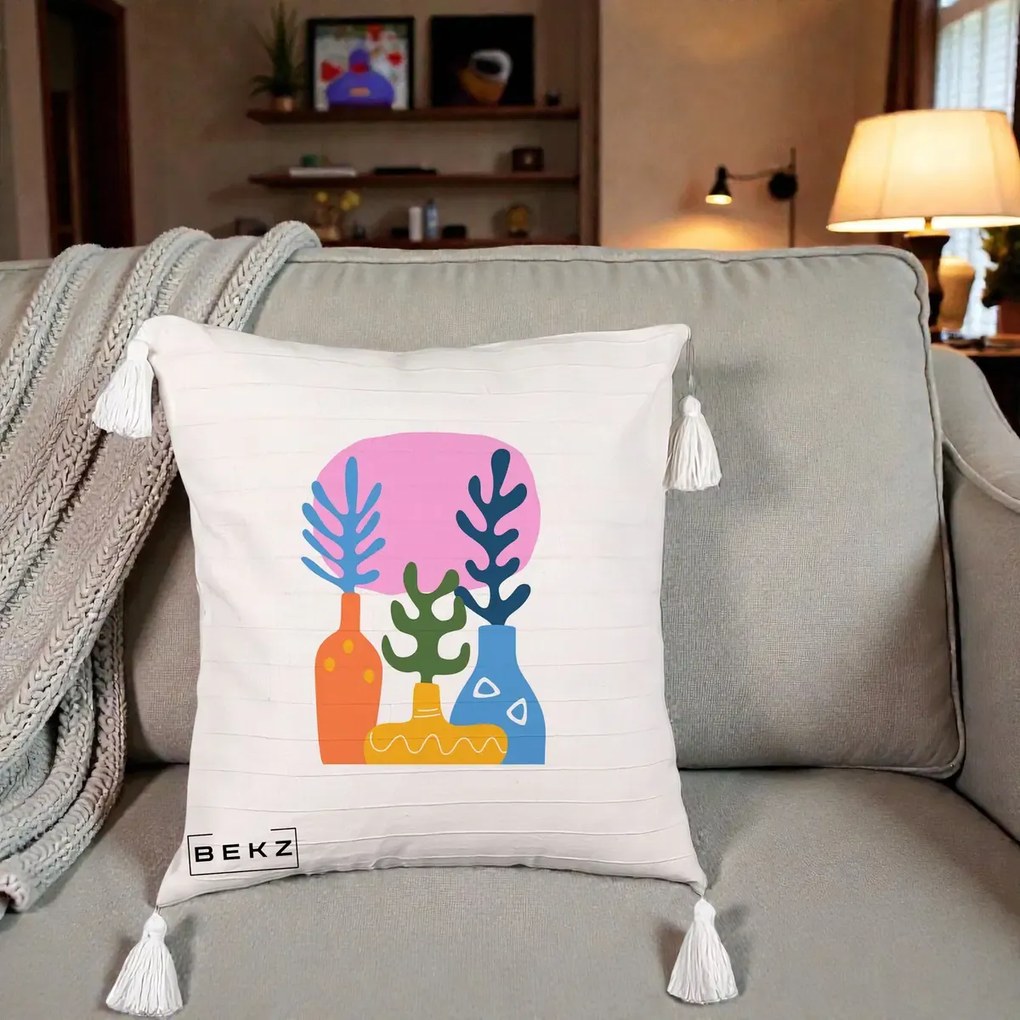 Perna Decorativa Vaze Botanice Abstract, 40x40 cm, Bej cu Franjuri, Husa Detasabila, Perna Inclusa, BEKZ®