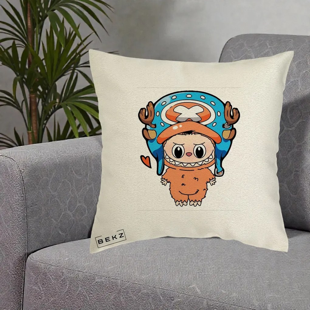 Perna Personalizata Labubu x Tony Tony Chopper, 40x40 cm, Ecru, Husa Detasabila, Perna Inclusa, BEKZ®