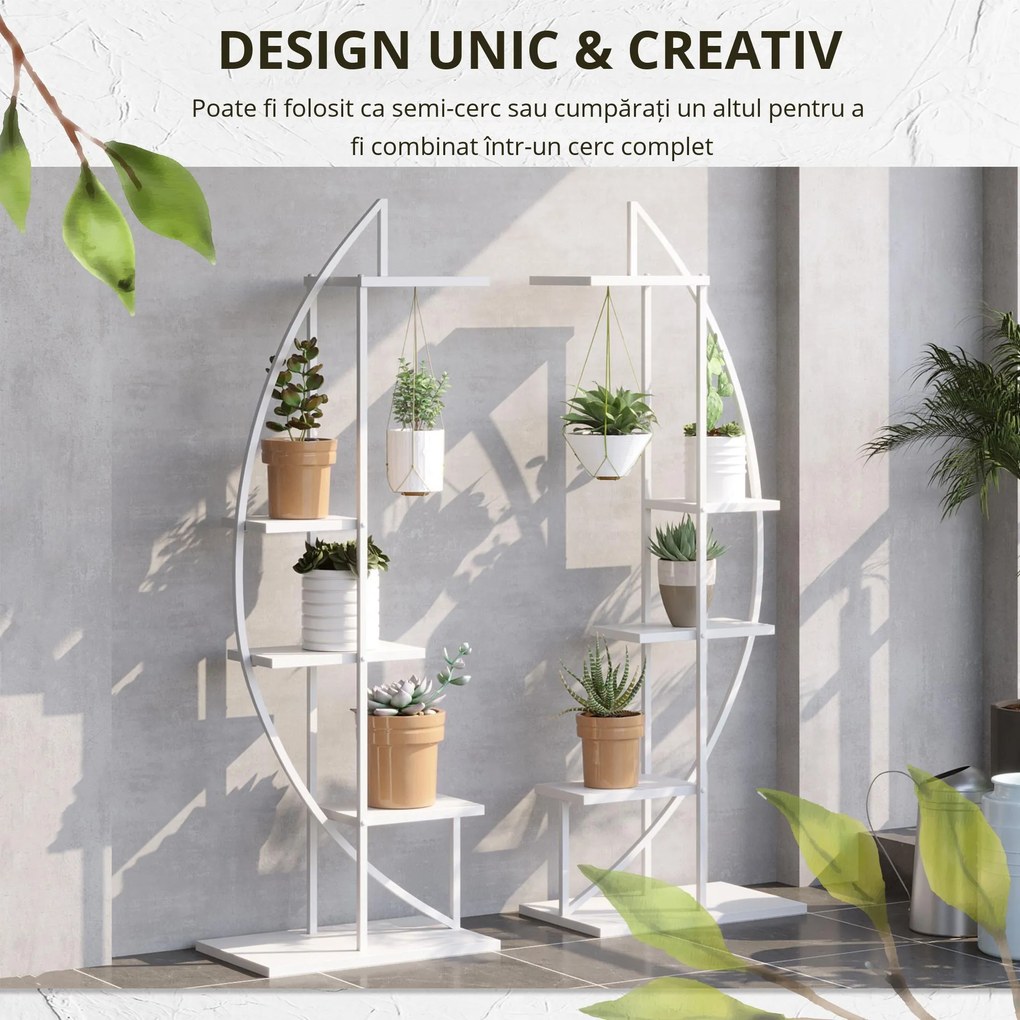 Outsunny Suport pentru Plante cu 5 Niveluri în Formă de Jumătate de Lună pentru Ghivece Decor Interior și Exterior 50x30x160 cm Alb | Aosom Romania