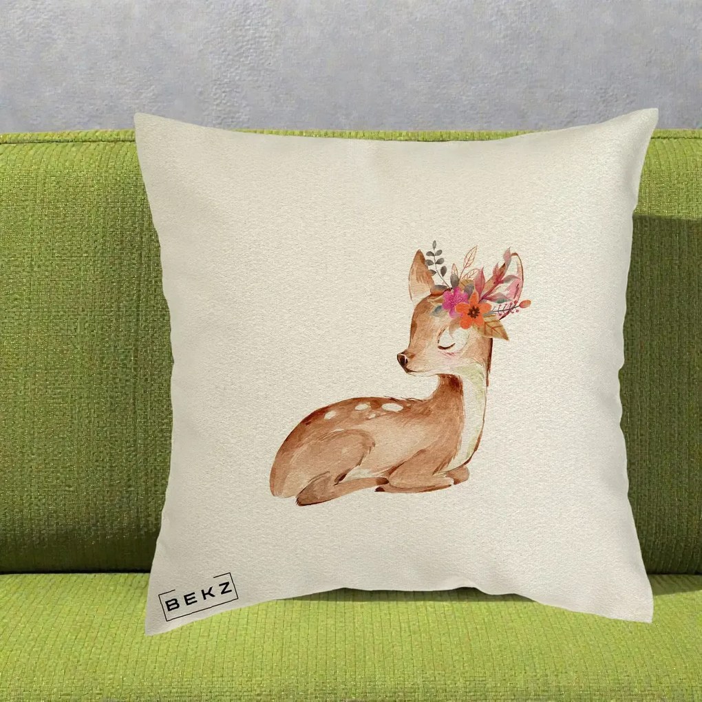 Perna Decorativa Caprioara cu Flori in Coama, 40x40 cm, Ecru, Husa Detasabila, Perna Inclusa, BEKZ®