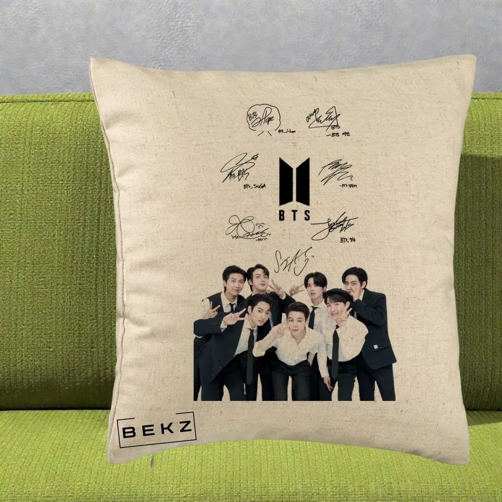 Perna Personalizata K-pop BTS Autografe Toti Membrii cu Fotografie, 40x40 cm, Bej, Husa Detasabila, Perna Inclusa, BEKZ®