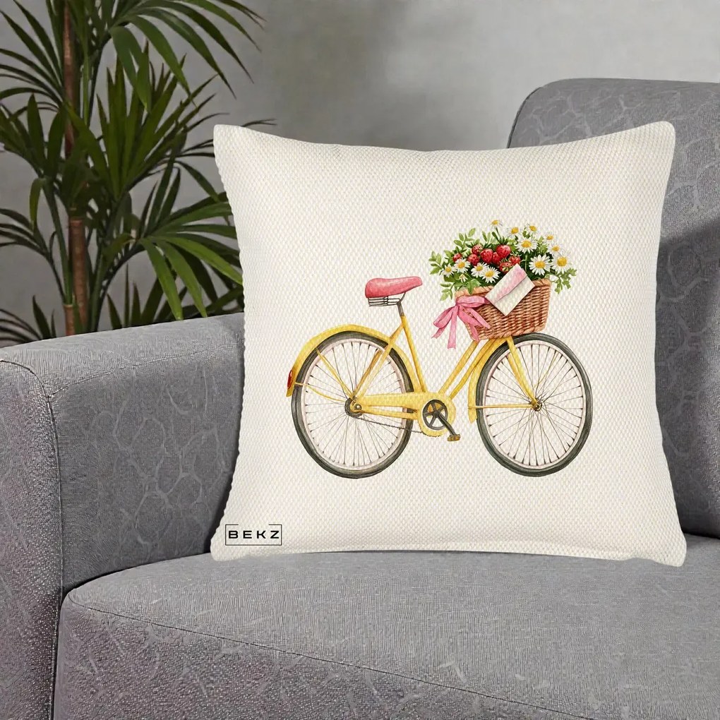 Perna Decorativa Bicicleta Galbena cu Cos de Flori Primavara, 40x40 cm, Crem Reliefat, Husa Detasabila, Perna Inclusa, BEKZ®