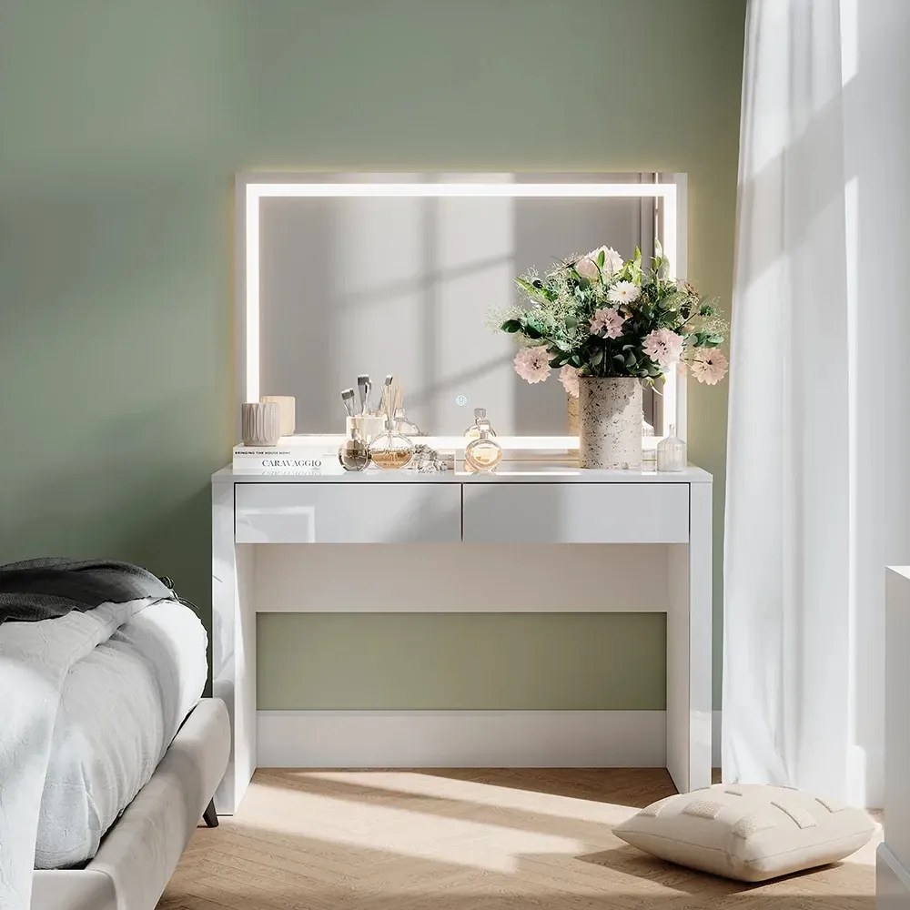 Masuta machiaj cu Oglinda LED si 2 Sertare pentru Cosmetice, Set Masa toaleta 110 cm, Alb Lucios, masuta cosmetica, vanity - SEA813