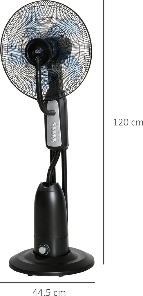 HOMCOM Ventilator Nebulizator cu 4 Roți, cu Rezervor 2.8L și 4 Viteze, Ventilator de Podea Metalic, PE și ABS, 44.5x44.5x120 cm, Negru