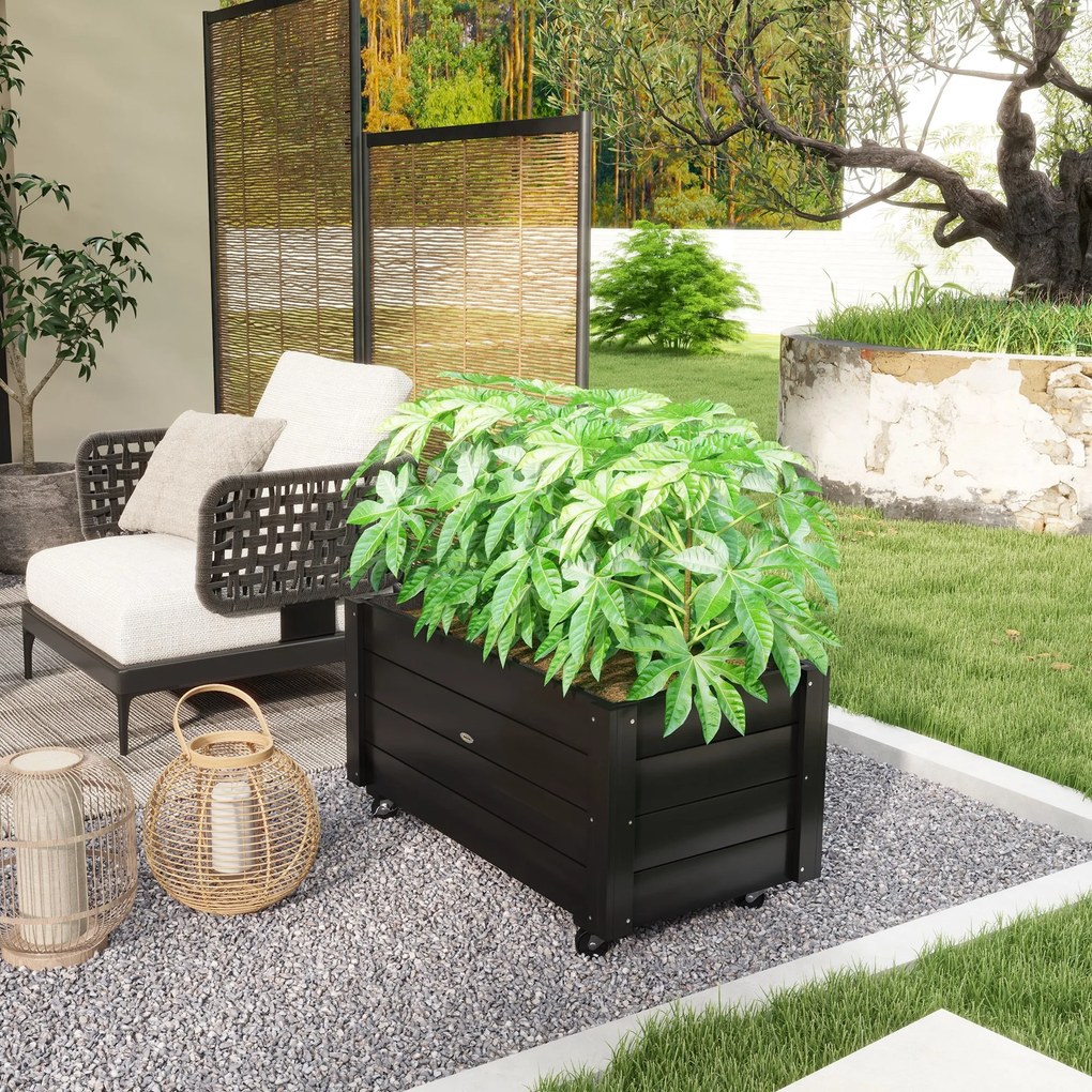 Outsunny Jardinieră de Grădină din Lemn de Brad cu Roti și Orificiu de Drenaj, Captuseală din Material Netesut, 89x48x47 cm | Aosom Romania