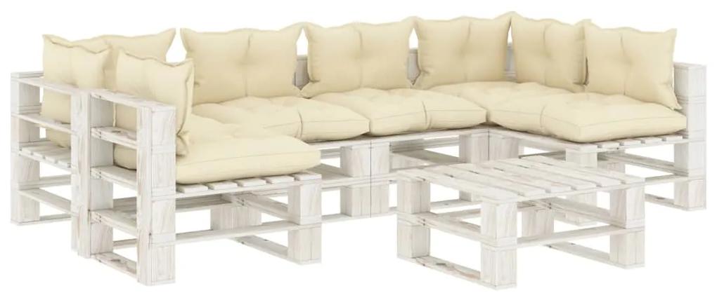 Set mobilier de gradina din paleti cu perne crem, 7 piese, lemn cream and white, 1