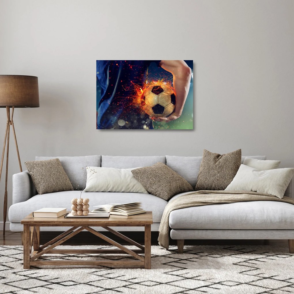 Tablou pe sticlă - Minge de fotbal în flăcări (70x50 cm)