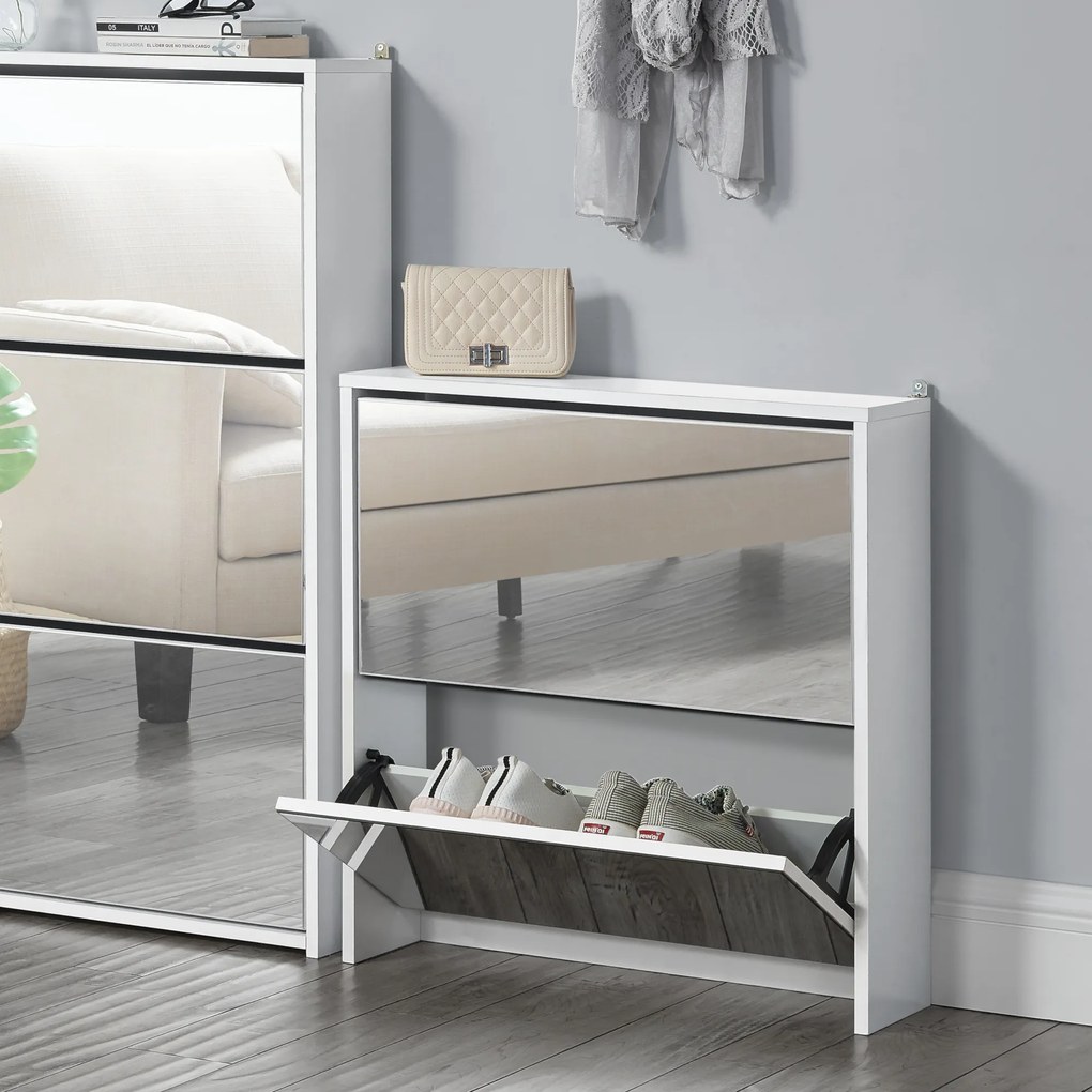 [en.casa] pantofar toni, 67 x 63 x 17 cm, pal melaminat/ oglinda, alb cu 2 compartimente depozitare, 6 perechi pantofi