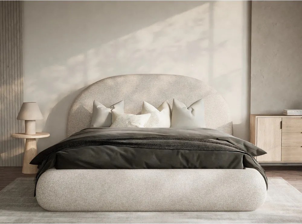 Pat matrimonial crem tapițat cu spațiu de depozitare cu somieră 140x200 cm Maumere – Maison de Rêve