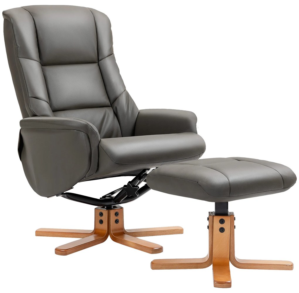 HOMCOM Fotoliu de relaxare cu otoman spătar basculant reclinabil șezut căptușit tapițerie sintetică gri | Aosom Romania