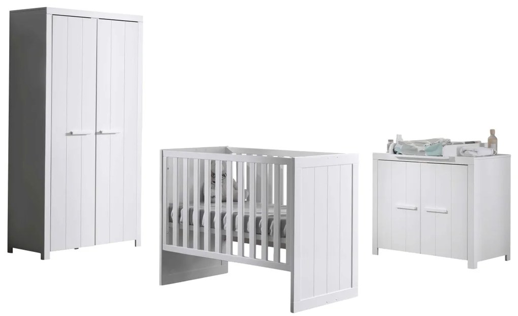 Set Complet Cameră Copii ERIK: Pătuț Transformabil 60x120 - 90x200 cm, Comodă, Masă de Înfășat și Dulap 2 Uși, Alb – Vipack