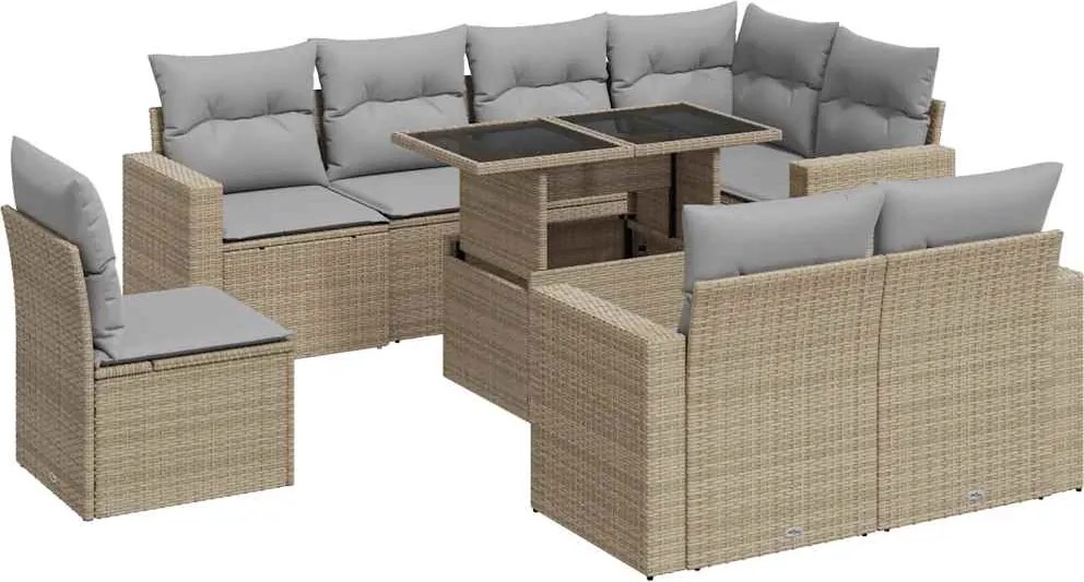 vidaXL Set canapele de grădină, 9 piese, cu perne, bej, poliratan