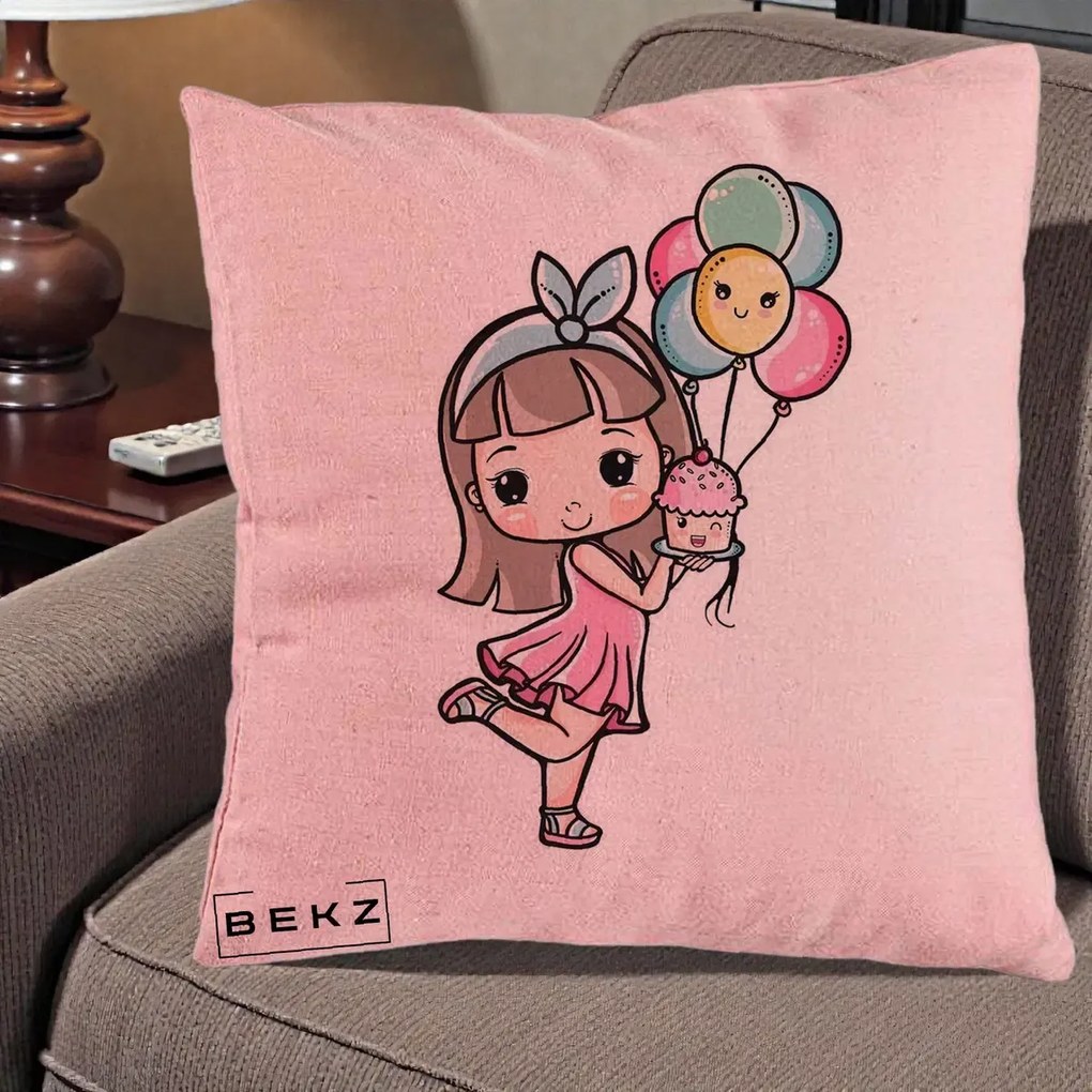 Perna Decorativa Fetita Kawaii cu Baloane si Cupcake, 40x40 cm, Roz, Husa Detasabila, Perna Inclusa, BEKZ®