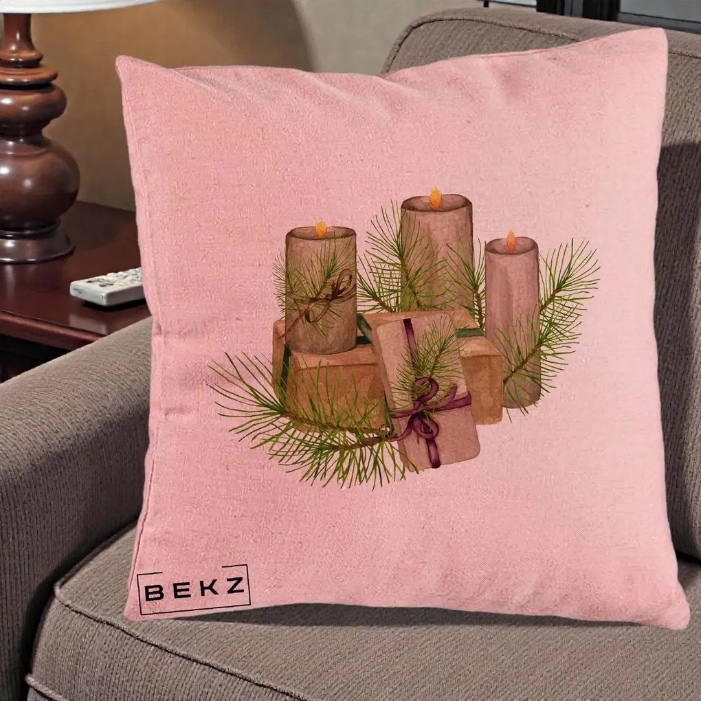 Perna Decorativa Lumanari cu Cadouri Naturale, 40x40 cm, Roz, Husa Detasabila, Perna Inclusa, BEKZ®